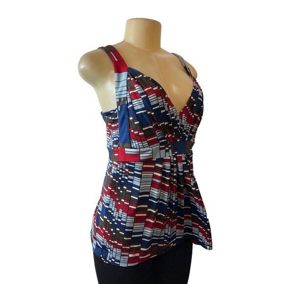 BCBG Maxazria Womens Red White Blue Geo Print Sleeveless Stretch Tank Top Sz L - Picture 2 of 6